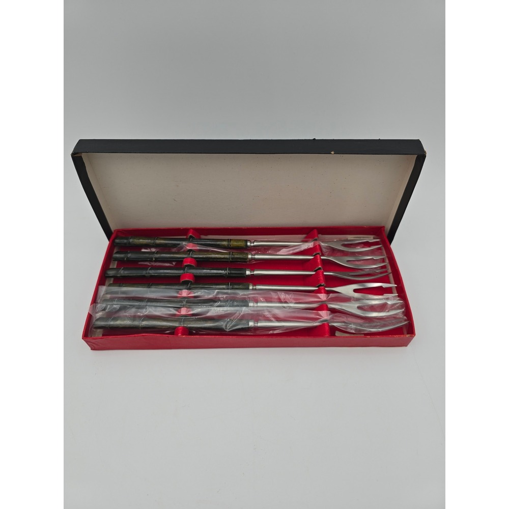 Vintage Stainless Japan Bamboo fondue Fork Set of 6 with original Box MCM